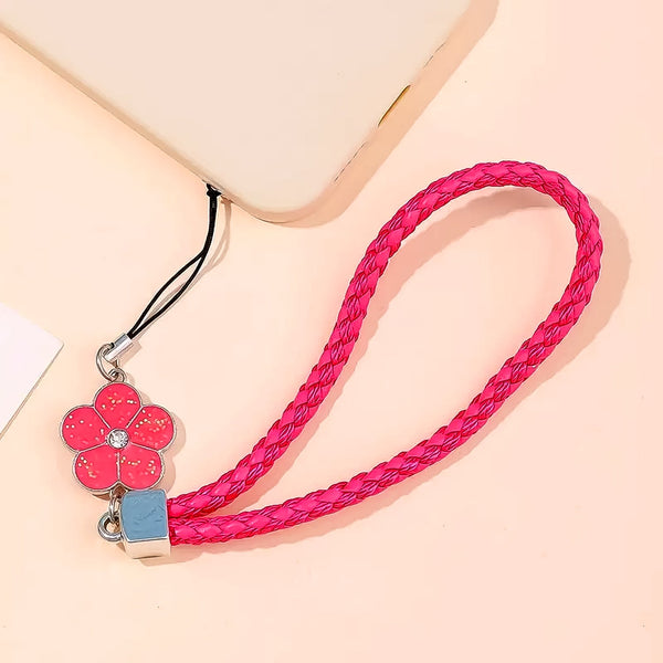 Flower Shape metal alloy pendant Nylon Braided leather hand strap lanyard phone (1 Pc / Multicolor)