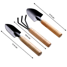 Set of 3 small gardening tools, includes hand cultivator, trowel, and garden fork.