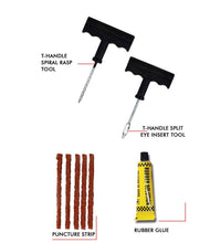 Puncture repair kit with rubber cement and tools