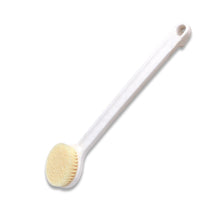 Soft bristle bath brush with long handle for exfoliation.