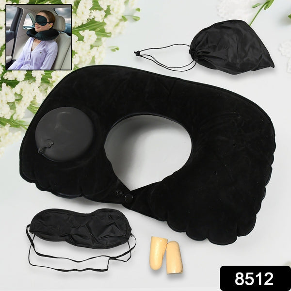 8512 3 in 1 Comfortable Travel Sleeping Kit, Neck Pillow, Eye Mask & Ear Plug Set Inflatable Plane Sleeping Pillow Head Neck Support Pillows for Travel Airplane Office, Black