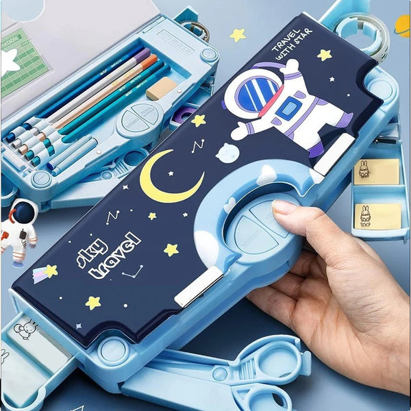 Space-themed pencil box for kids with magnetic closure