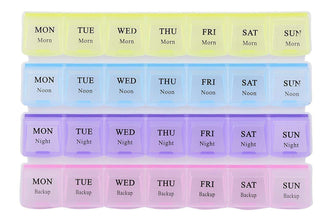 Weekly medicine storage container with 4 rows and easy-to-open compartments.