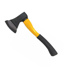 Wood cutting axe with fiberglass body and rubberized handle, suitable for heavy-duty use