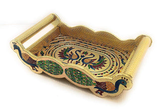 Glass serving tray with peacock design and handles