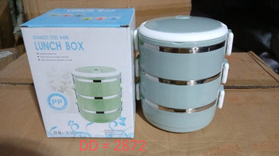 Multi-layer stainless steel lunch box with three sections.